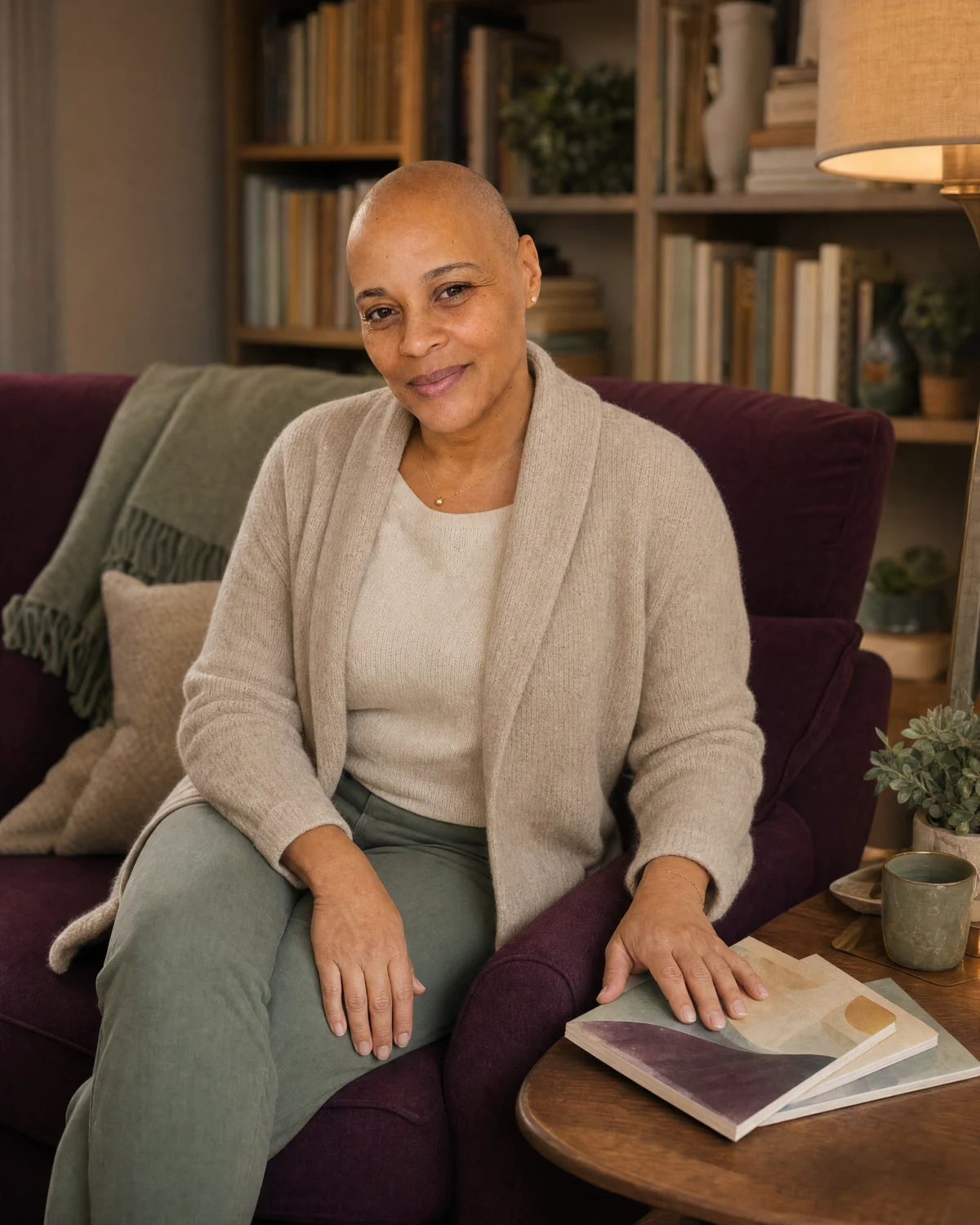 Jackie Allison sits in a plum armchair in a home study with three of her own books nearby, one hand resting on the covers.