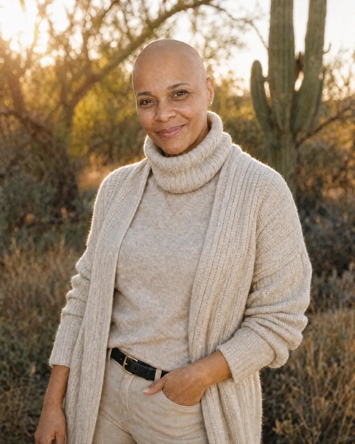 Jackie Allison in a cream knit cardigan, smiling outdoors among desert trees and saguaro at golden hour.