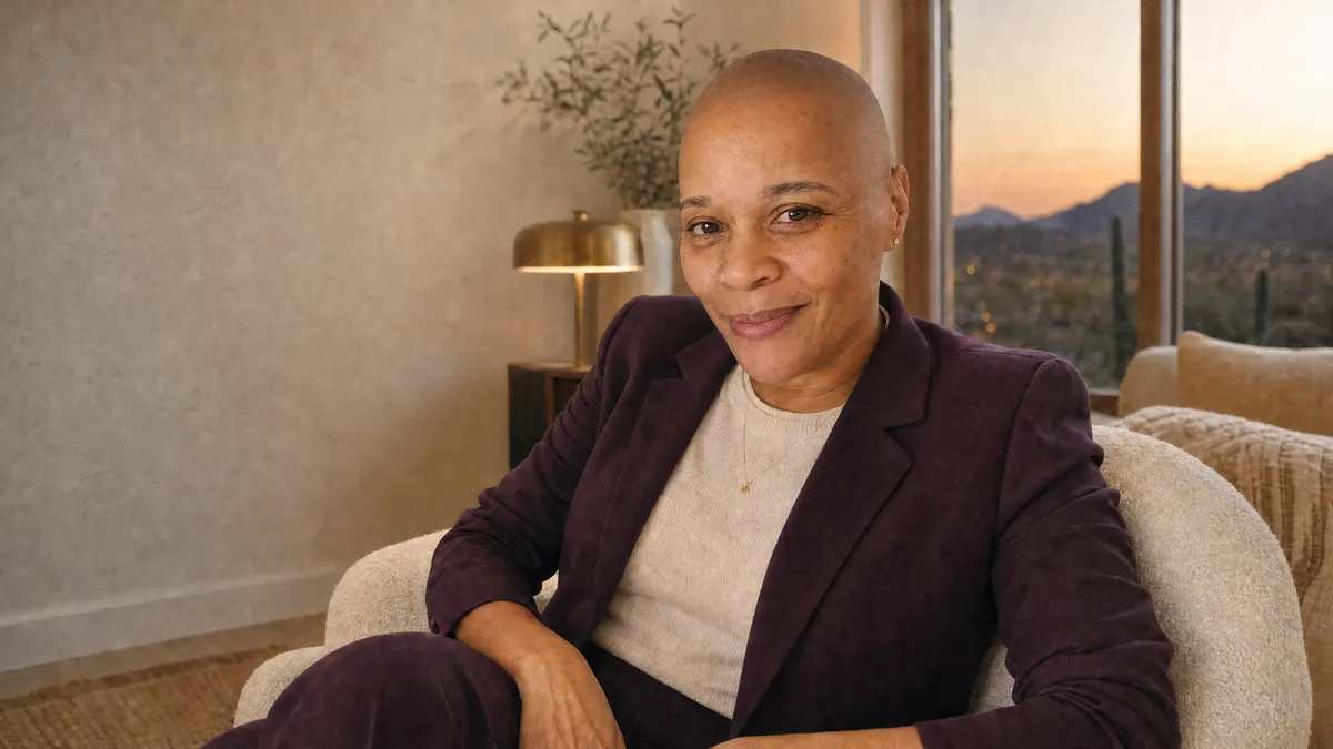 Jackie Allison in a plum suit, relaxed in an armchair beside a window looking out on the desert at dusk.
