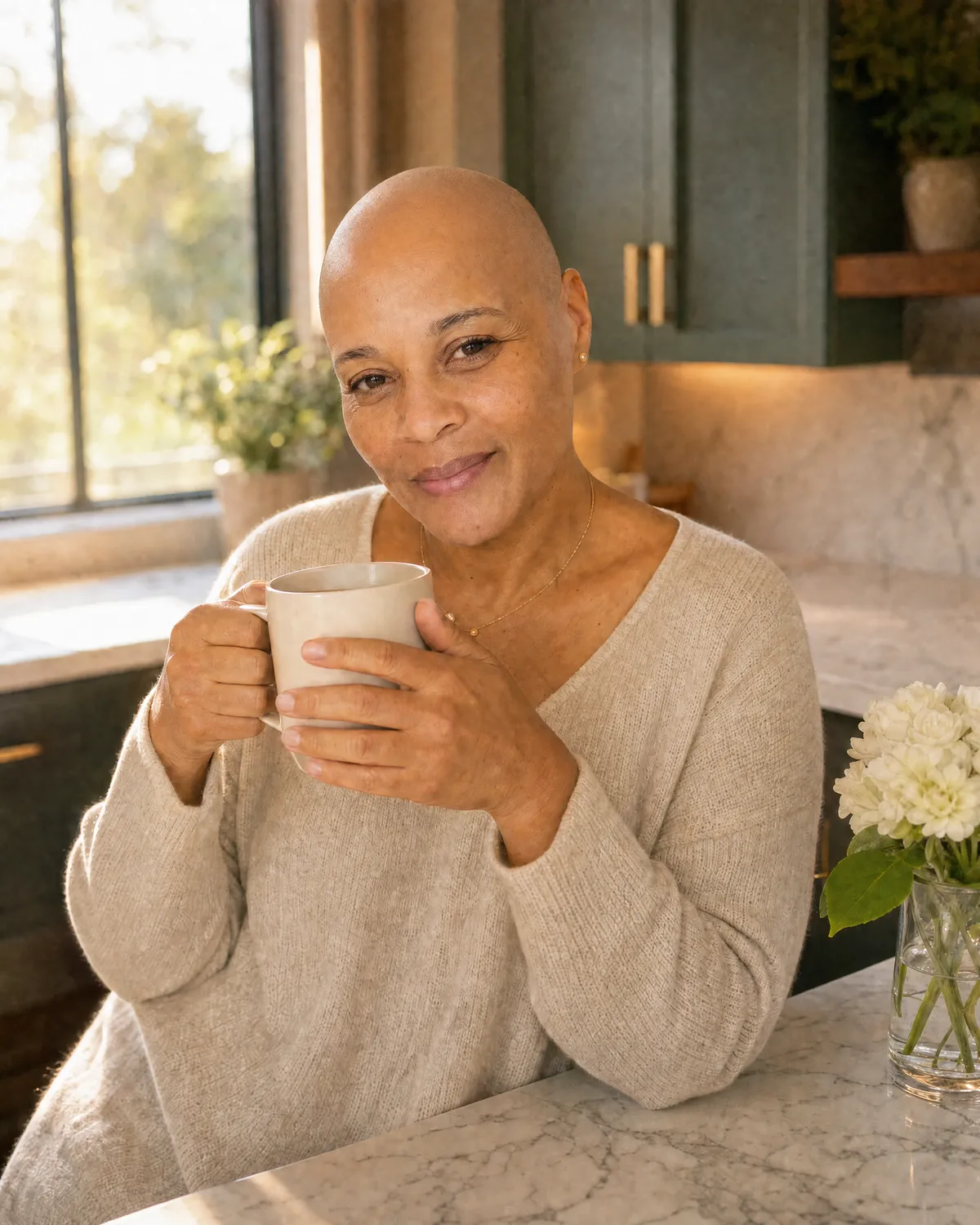 Jackie Allison holds a mug of coffee in her home kitchen in soft morning light.