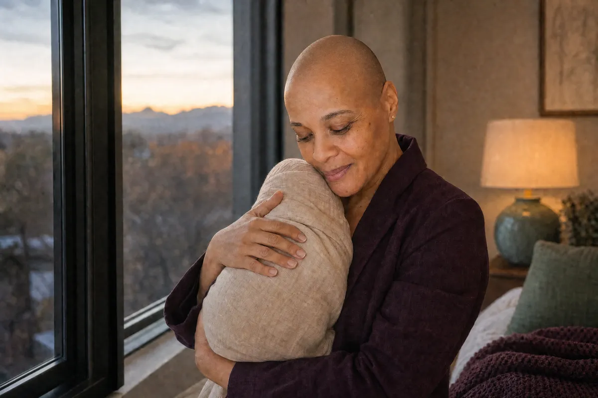 Jackie Allison holds a swaddled newborn at a window at dawn, the baby's face not visible.