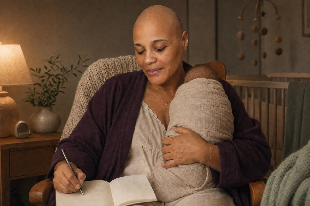 Jackie Allison sits in a nursery glider under a warm lamp, a swaddled newborn on her chest, writing in a night log with the baby's face not shown.