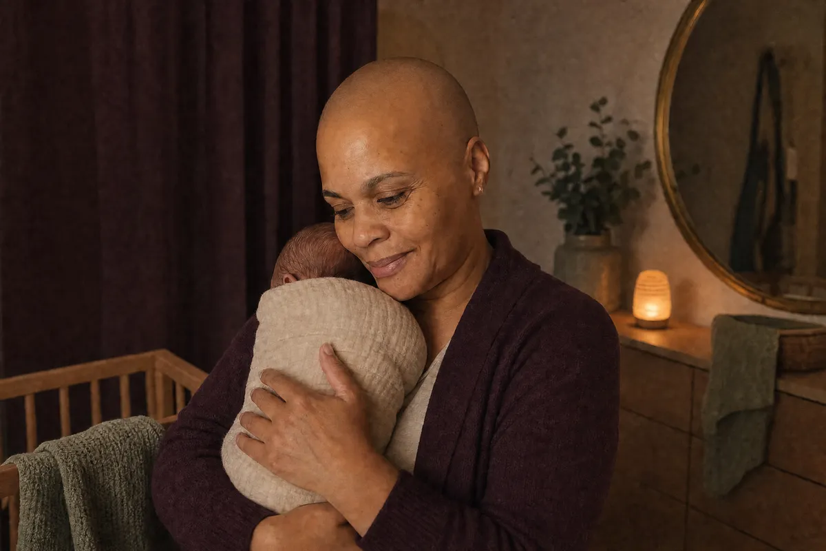 In a dim nursery lit by a small night light, Jackie holds a swaddled newborn against her shoulder.