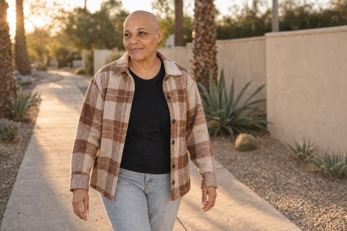 Jackie walks along a sunlit Phoenix sidewalk in a plaid shirt jacket and jeans, smiling.