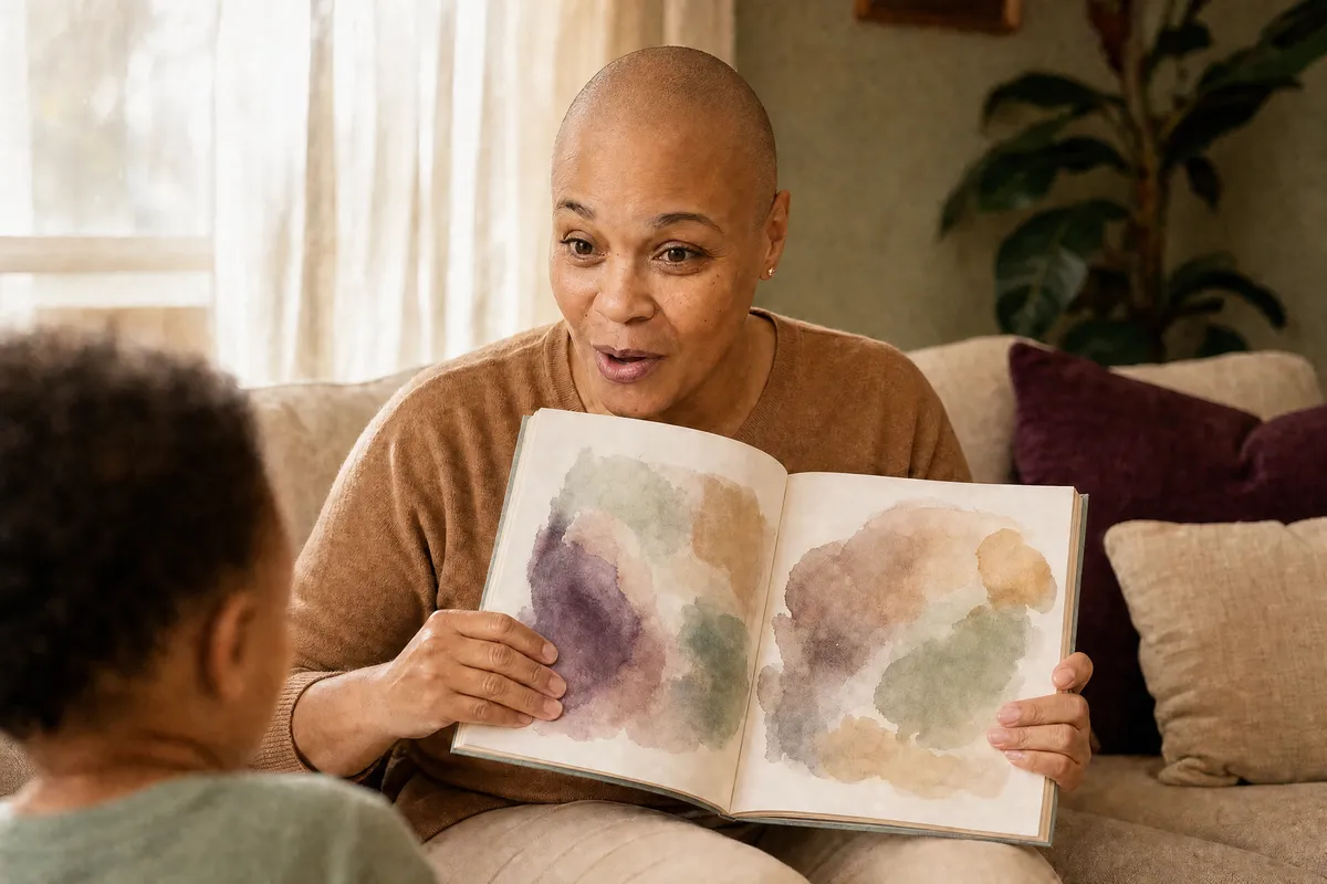 Jackie reads a picture book aloud with a delighted expression to a toddler seen from behind.