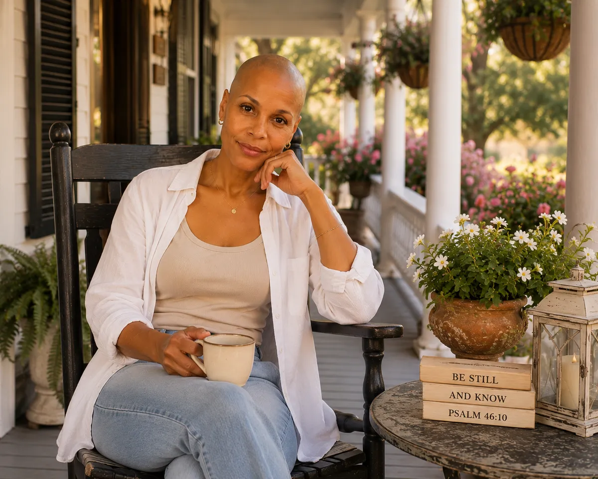 Jackie Allison sits in a black rocking chair on a white porch with her cheek resting on her hand, in a white linen shirt over a taupe tank and jeans, holding a mug, with flowers and a small stack of books beside her.