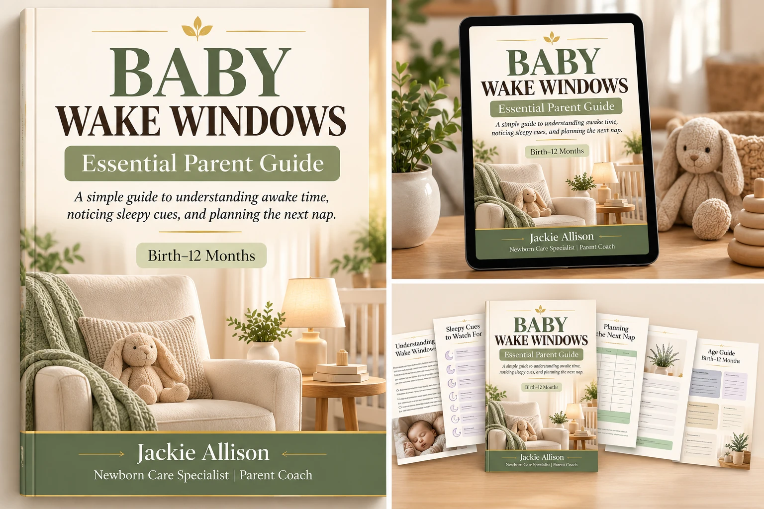 The Baby Wake Windows Essential Parent Guide shown as a printed cover, on a tablet, and fanned out with sample pages on sleepy cues, planning the next nap and an age guide.