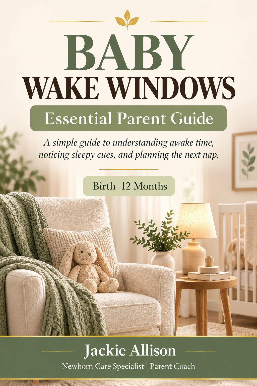 Cover of Baby Wake Windows: Essential Parent Guide by Jackie Allison, for birth to 12 months, showing a cream nursery armchair with a sage knit throw and a plush bunny.