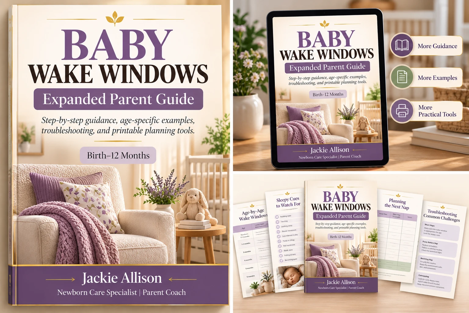 The Baby Wake Windows Expanded Parent Guide shown as a printed cover, on a tablet, and fanned out with sample pages on age-by-age wake windows, sleepy cues, planning the next nap and troubleshooting.