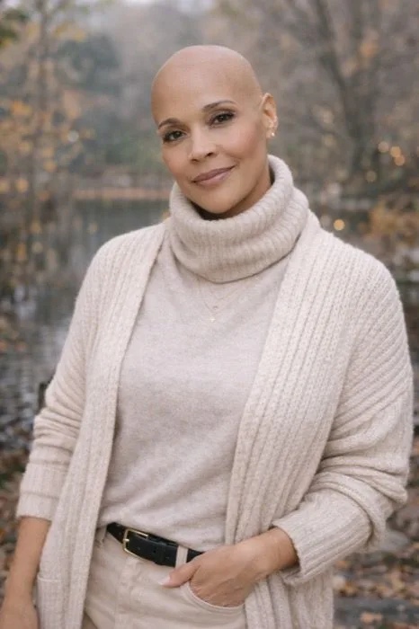 Jackie Allison outdoors by a lake, wearing a cream turtleneck.