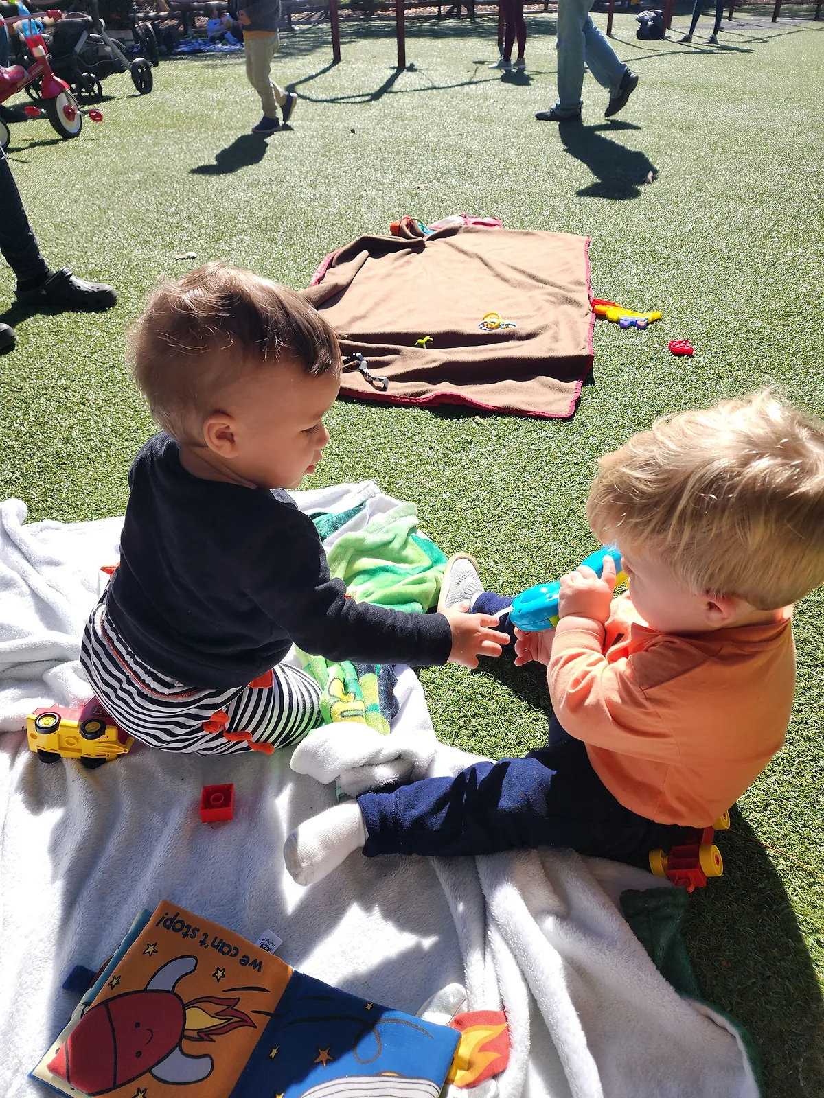 Two toddlers play with toys on a blanket spread on the grass, a picture book beside them.